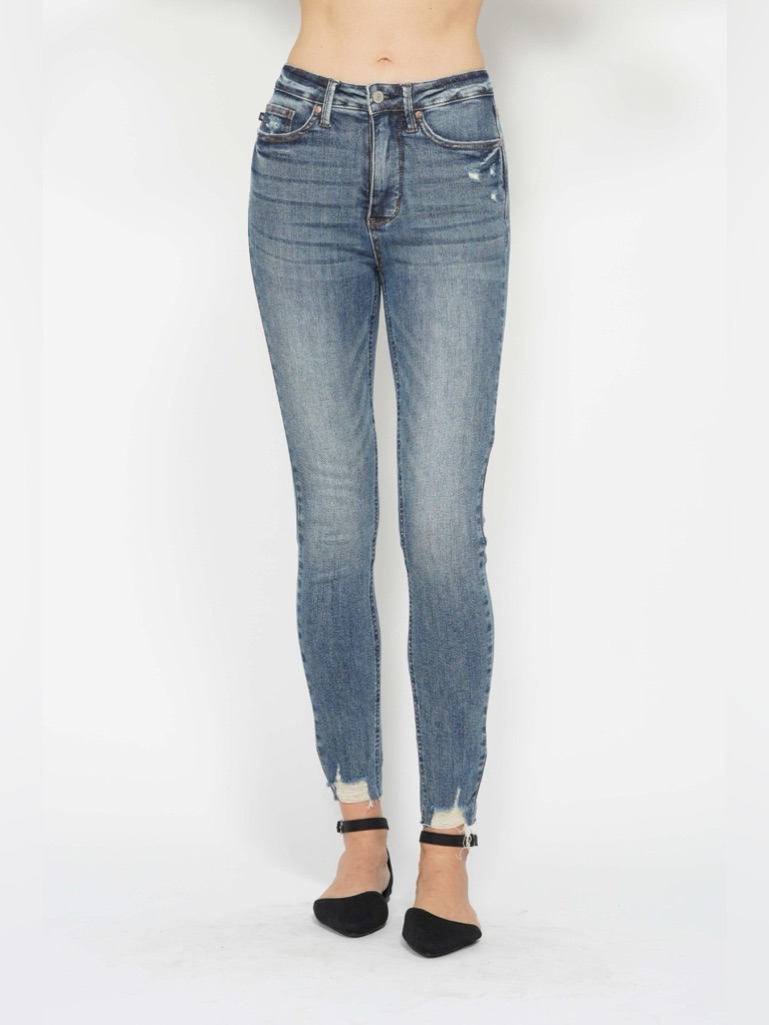 Judy Blue Full Size Tummy Control Vintage Wash Hem Destroy Skinny Jeans